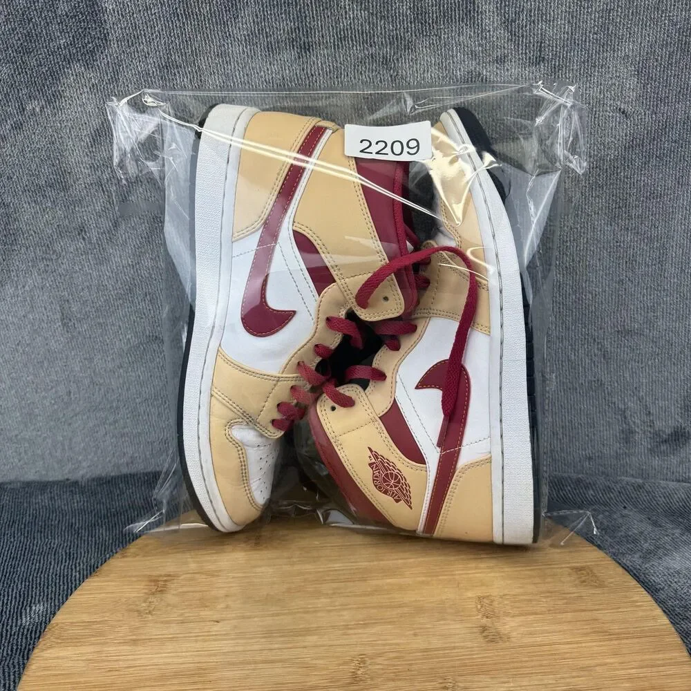 Nike Air Jordan 1 Mid AJ1 Shoes Mens Size 8 Tan Red White Basketball 554724-201